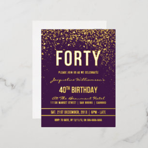Carte Postale D'invitation À Feuilles D'aluminium Violet   Gold Confetti 40e fête d'anniversaire