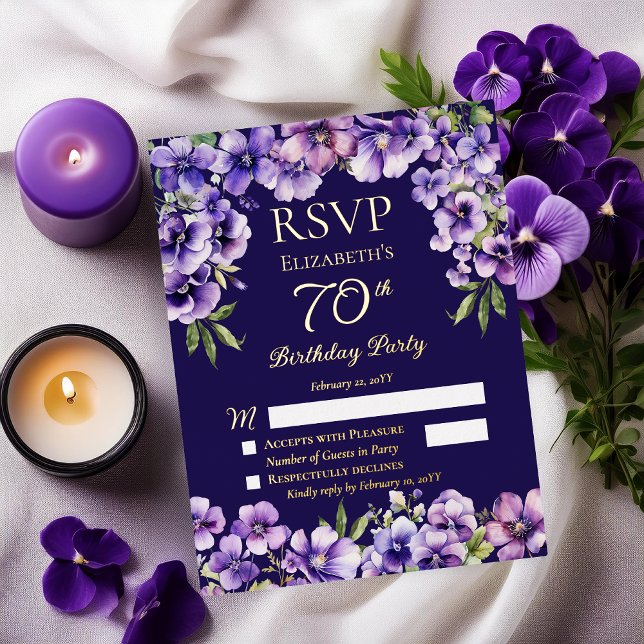Carte Postale D'invitation À Feuilles D'aluminium Violettes violettes violettes élégantes Floral Ann (Elegant Purple Violets Floral 70th Birthday Party RSVP Foil Invitation Insert | Enclosure Card)