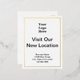 Carte Postale D'invitation À Feuilles D'aluminium Visitez notre nouvel emplacement Logo Gold White B