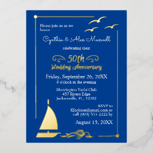 Carte Postale D'invitation À Feuilles D'aluminium Voilier 50e anniversaire Mariage or