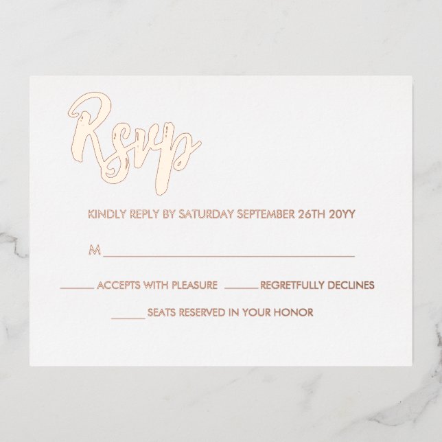 Carte Postale D'invitation À Feuilles D'aluminium White Rose Gold Moderne Script Calligraphie RSVP (Recto)