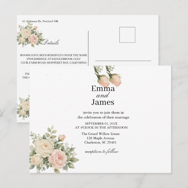CARTE POSTALE D'INVITATION AU MARIAGE AU EUCALYPTU (Devant / Derrière)