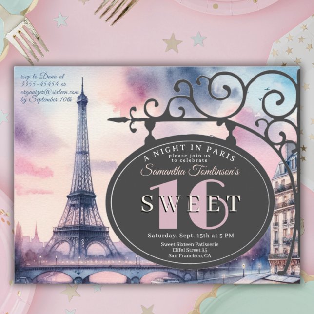 Carte postale d'invitation pour un anniversaire de (Sweet 16, Paris themed invitation
)