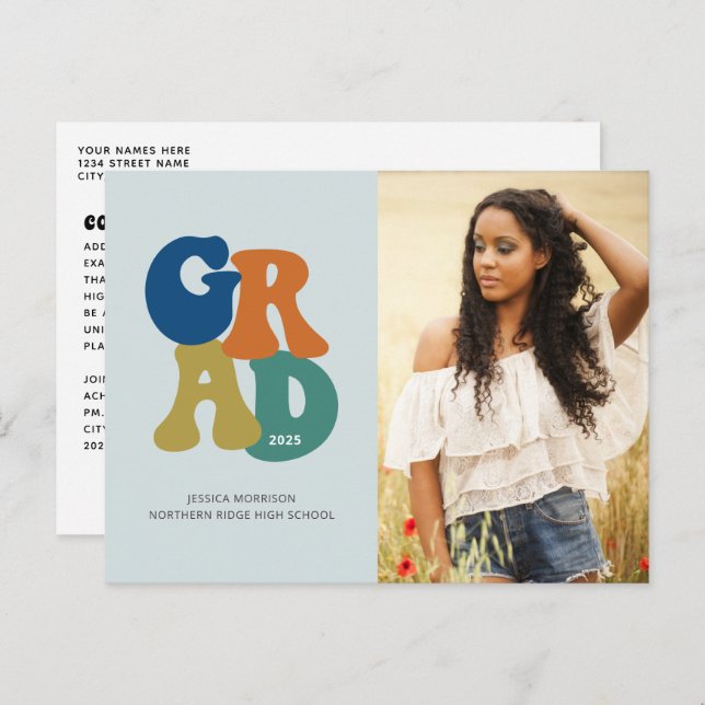 Carte Postale Diplômé Rétro Bleu Années 70 Diplômé Groovy 2023 (Devant / Derrière)