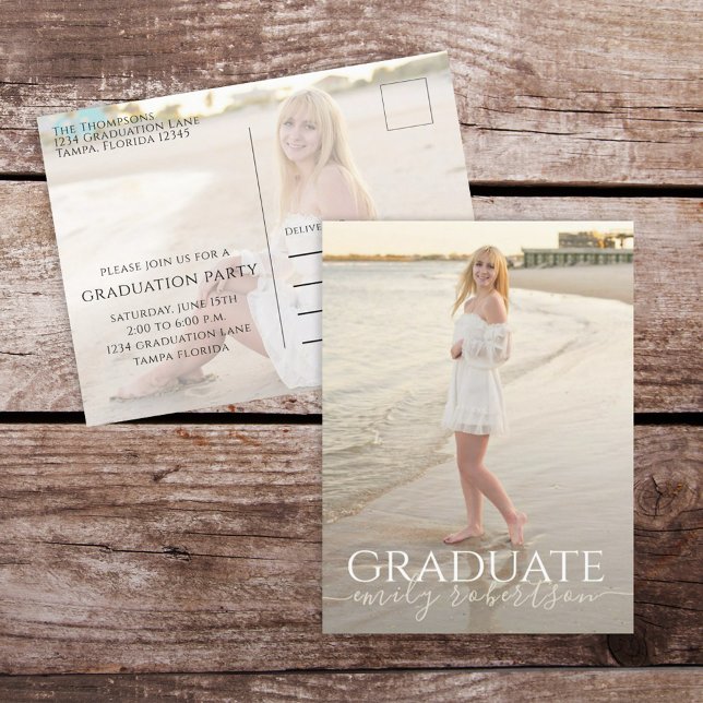 Carte Postale Diplômé Simple Moderne Typographie Modèle photo (Elegant Graduation photo invitation postcard with a 2-photo template. )