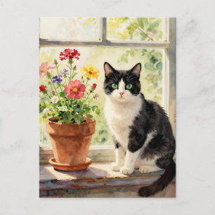 Carte Postale Dire bonjour   Thème chat et fleurs