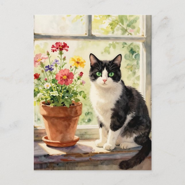 Carte Postale Dire bonjour | Thème chat et fleurs (Devant)