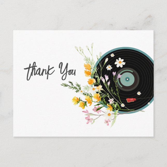 Carte Postale Disque vinyle, musique oldies rustique, fleurs (Devant)