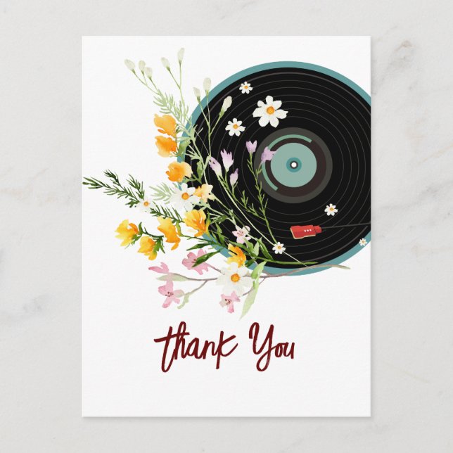 Carte Postale Disque vinyle,  Musique oldies rustique, fleurs, (Devant)