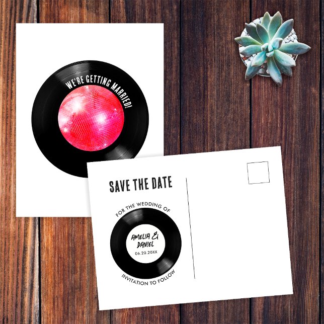 Carte Postale Disque Vinyle Rétro Boule à Facettes Rose Enregist (Front/Back)