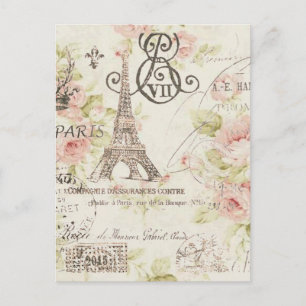 Carte Postale Distressed pink Floral Paris Eiffel Tower