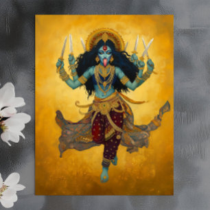 Carte Postale Divine Déesse Kali Surréaliste Or Bleu Rouge Art