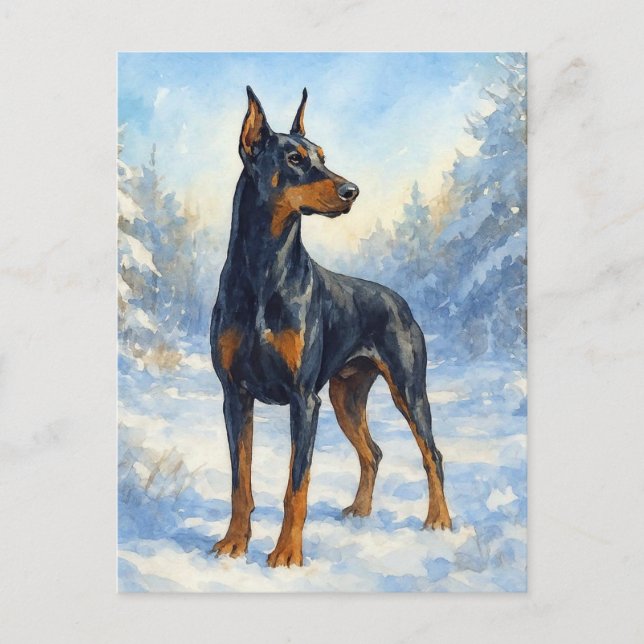 Carte Postale Doberman dans la neige hivernale (Devant)