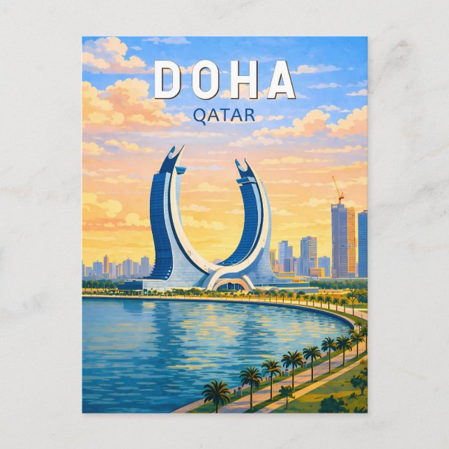 Carte Postale Doha Qatar Illustration Voyage Art Rétro (Devant)