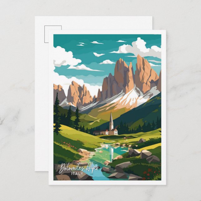 Carte Postale Dolomites Alpes Italie Voyage illustration Vintage (Devant / Derrière)