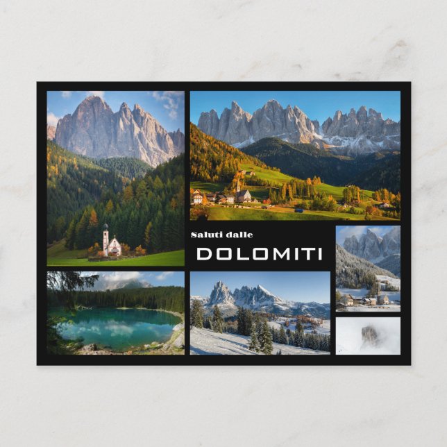Carte Postale Dolomites montagne photo collage texte noir (Devant)