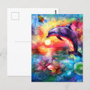 Carte Postale Dolphin lunaire Côtier Nautique Floral Turquoise