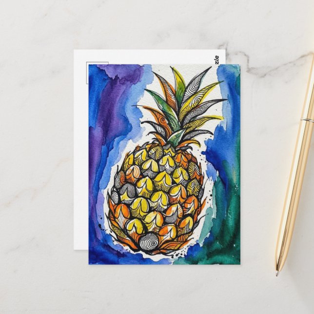 Carte Postale Doodle aquarelle Ananas (Devant/Arrière en situation)