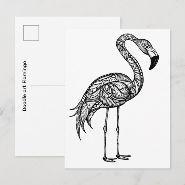 Carte Postale Doodle art Flamant rose  (Devant / Derrière)
