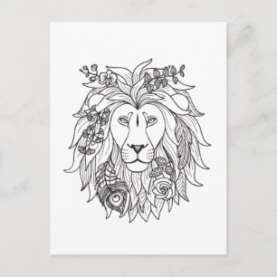 Carte Postale Doodle Lion Et Fleurs