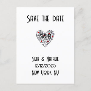 Carte Postale doodle tendance coeur amour noir blanc rouge art d