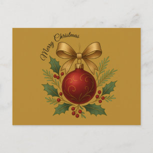Carte postale dorée - Ornement rouge de Noël joyeu