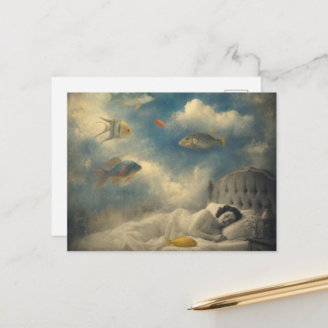 Carte Postale Dormir dans l'océan de nuages et de poissons (Devant/Arrière en situation)