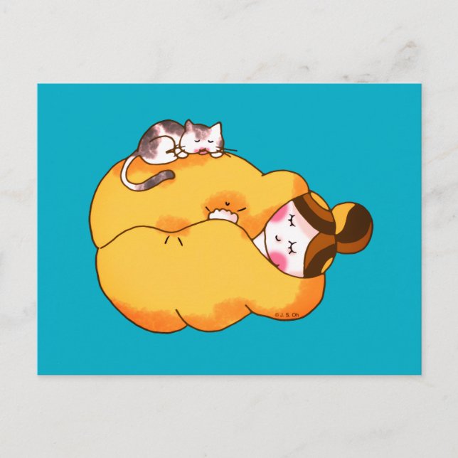 Carte Postale Dormir la fille avec chat confortable (Devant)