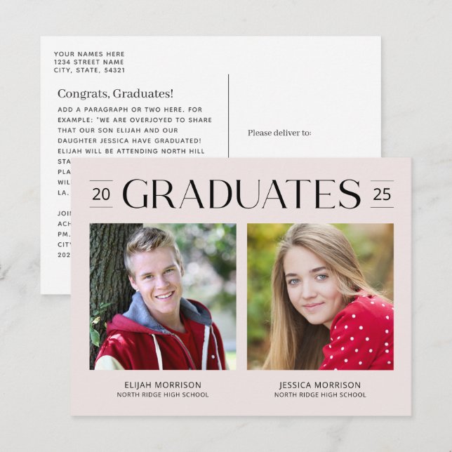 Carte Postale Double Graduation Simple Deux Photos Rose Bleu (Devant / Derrière)