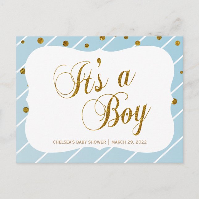 Carte Postale Douce Bébé Bleu et Confettis Dorés - RSVP 2 (Devant)