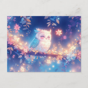 Carte Postale Douce chouette endormie dans un jardin de fleurs r