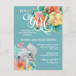 Carte Postale Douce éléphant sarcelle jaune rose Baby Shower