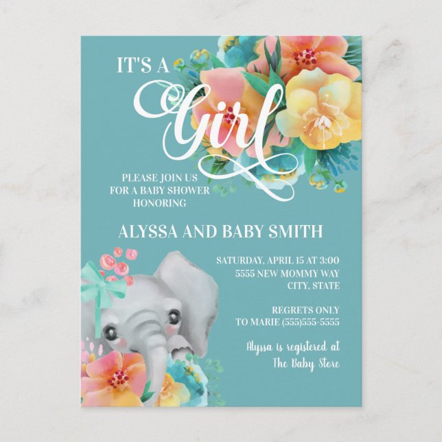 Carte Postale Douce éléphant sarcelle jaune rose Baby Shower (Devant)