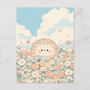 Carte Postale Douce Hérisson Kawaii Prairie Pêche