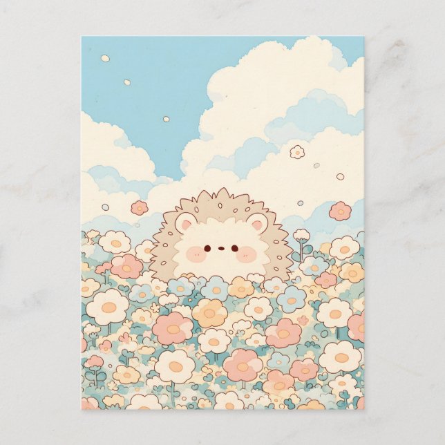 Carte Postale Douce Hérisson Kawaii Prairie Pêche (Devant)