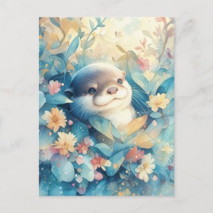 Carte Postale Douce Loutre dans Prairie Botanique Bleue