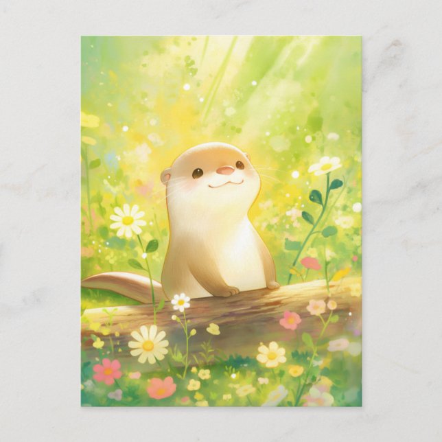 Carte Postale Douce loutre dans une prairie ensoleillée de fleur (Devant)