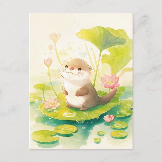 Carte Postale Douce Loutre sur Grand Nénuphar Vert (Devant)