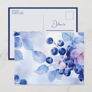 Carte postale douce motif fruit bleuets aquarelle