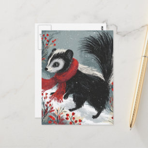 Carte Postale Douce Moufette en Baies Rouges d'Hiver et Neige