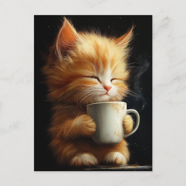 Carte Postale Douce petite chatte rousse avec un café (Devant)