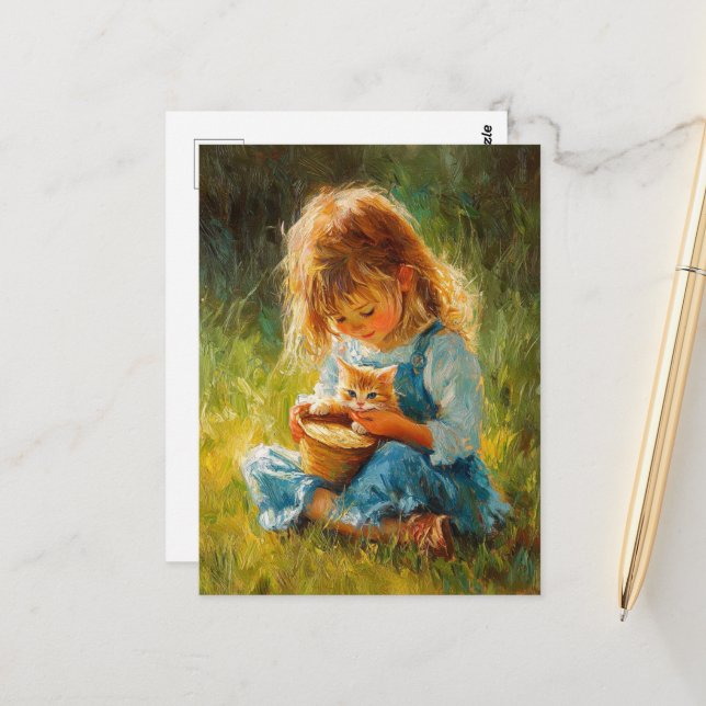 Carte Postale Douce Petite Fille Adorable et Son Chaton (Devant/Arrière en situation)