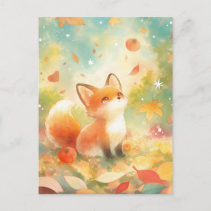 Carte Postale Douce petite renarde dans la prairie de feuilles d