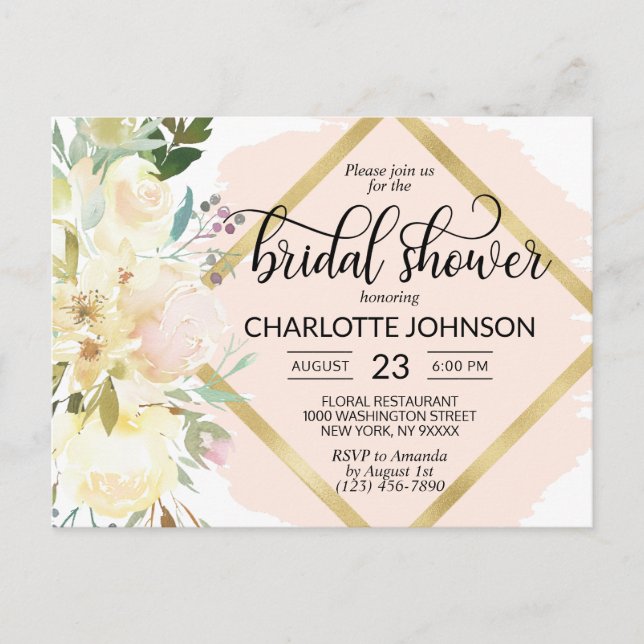 Carte Postale Douche de Mariage Florale Rose à l'Aquarelle Éléga (Devant)