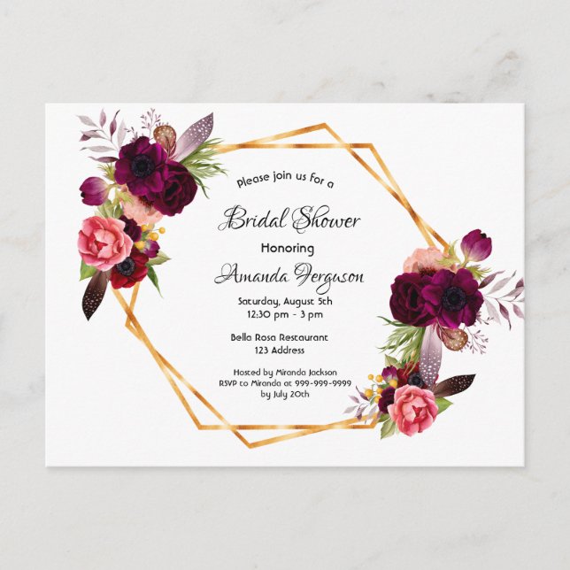 Carte Postale Douche nuptiale dusté rose blanc bordeaux invitati (Devant)