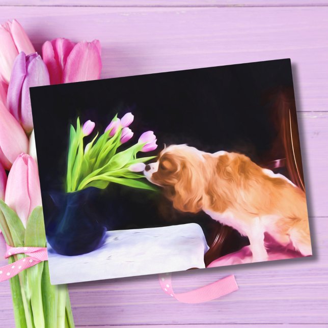 Carte Postale Doux Cavalier King Charles & Tulipes roses (Créateur téléchargé)