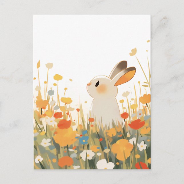 Carte Postale Doux Lapin Blanc dans une Prairie Ensoleillée de F (Devant)
