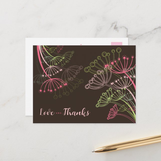 Carte Postale Doux Pink Dandelions Fleur Chic Amour & Merci (Devant/Arrière en situation)