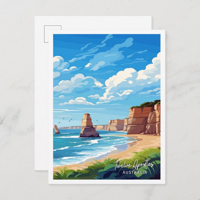 Carte Postale Douze Apôtres Australie Art Travel illustration (Devant / Derrière)