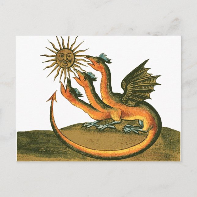 Carte Postale Dragon alchimique à trois têtes et soleil (Devant)